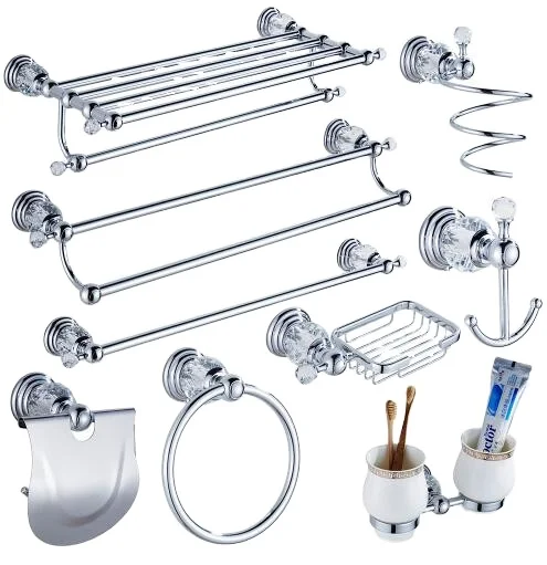 

Modern Clear Crystal Bathroom Accessories Sets Silver Polished Chrome Bathroom Products Solid Brass Bathroom Hardware Sets