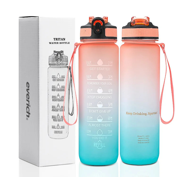 

Free Shipping Bottle Motivational Water Bottle with Time Marker, BPA Free Frosted Tritan Plastic,32OZ Sport GYM bottle, Customized gradient color