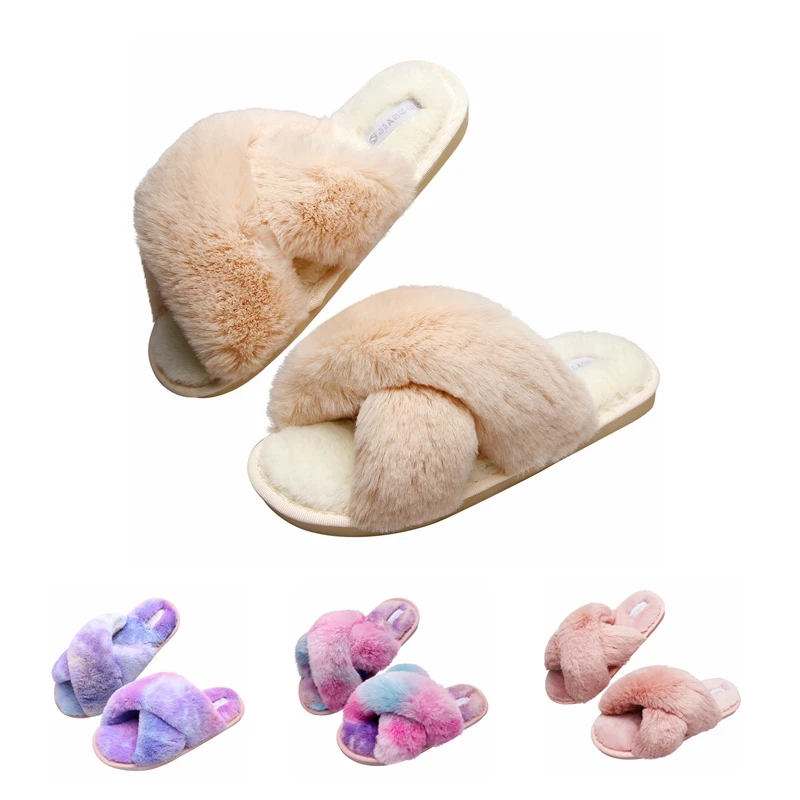 

Women's Cross Band Furry Slippers House Shoes Indoor Outdoor Comfortable Rabbit Faux Fur Slipper, As picture shown