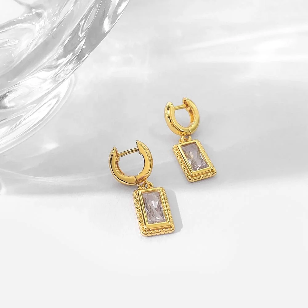 

Rectangle Charm Zirconia Diamond 18K Gold Plated Jewelry Baguette Hoop Earrings