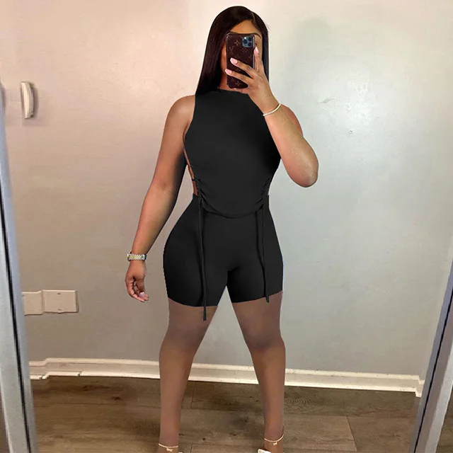 

Chic Solid Drawstring Tank Top With Short Pants Women Sleeveless Backless Short Set 2021 Ladies Summer Fashion Sets -YS, Yellow,orange,black