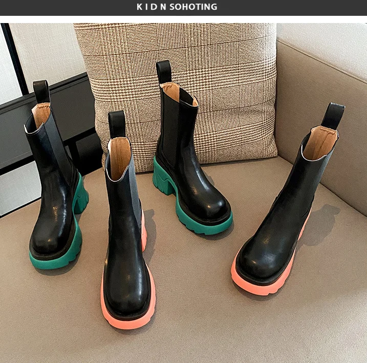 

Ladies Thick Soled Martin Boots Mid Tube Big Head Short Green Thin Boots Fried Street Single Boots Women, Blue pink yellow green