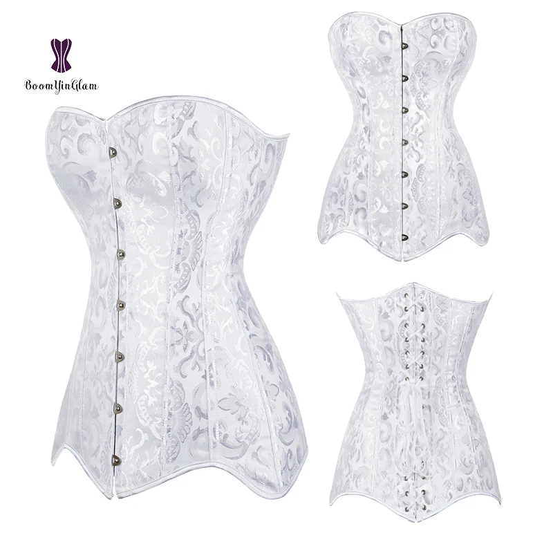 

sexy women ladies overbust vintage victorian flora brocade steel bone retro long torso bustier corset