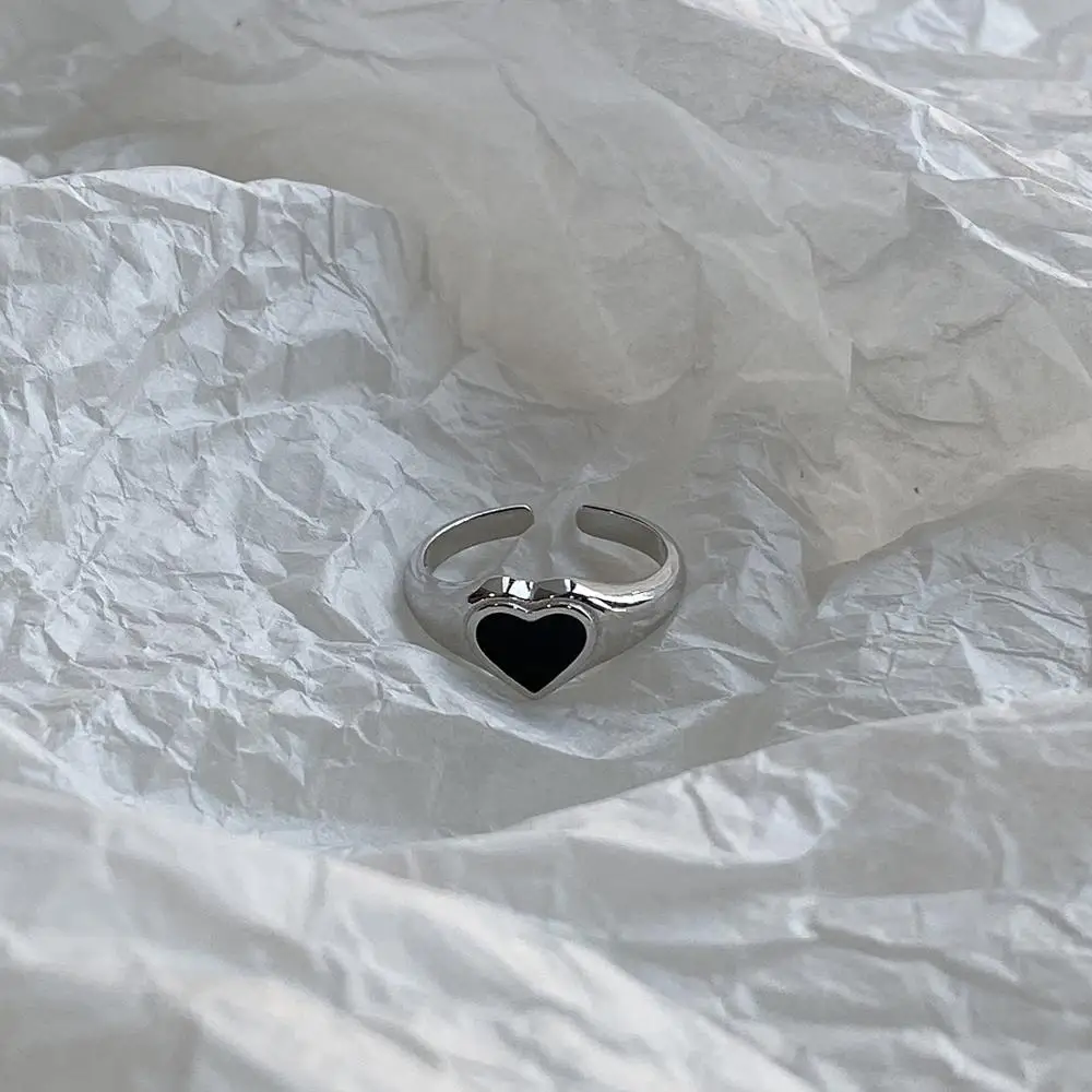 

Silver Plated 925 Sterling Silver Ring Jewelry Black Heart Shaped Open Ring