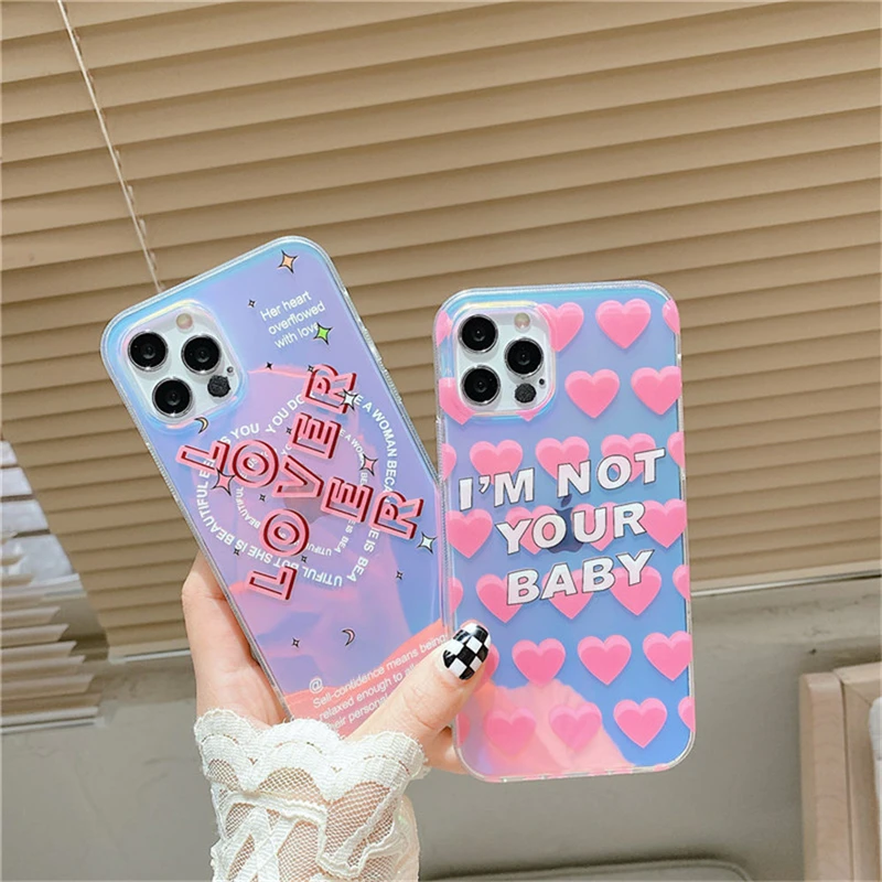 

Gradient Laser Love Heart Cool Letters Soft Silicone Phone Case For iPhone 12 Pro Max 11 X XR XS 7 8 Plus SE 2020 Coque
