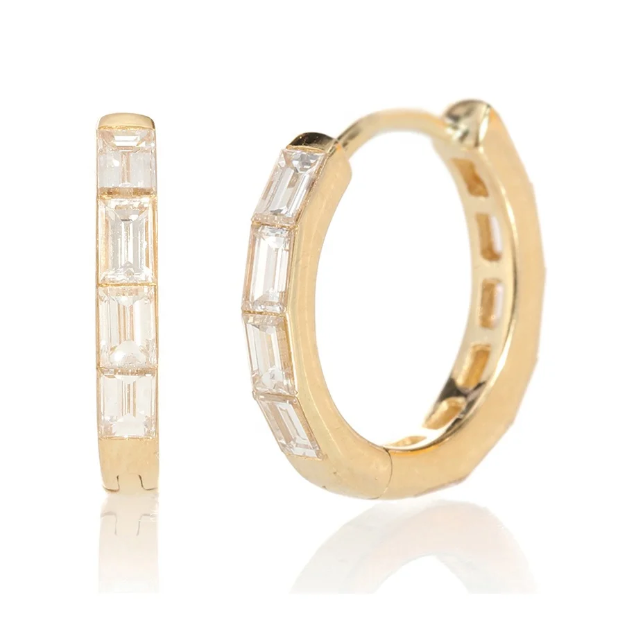 

2 gram gold beautiful designed baguette diamond huggies 14k gold hoop earrings 925