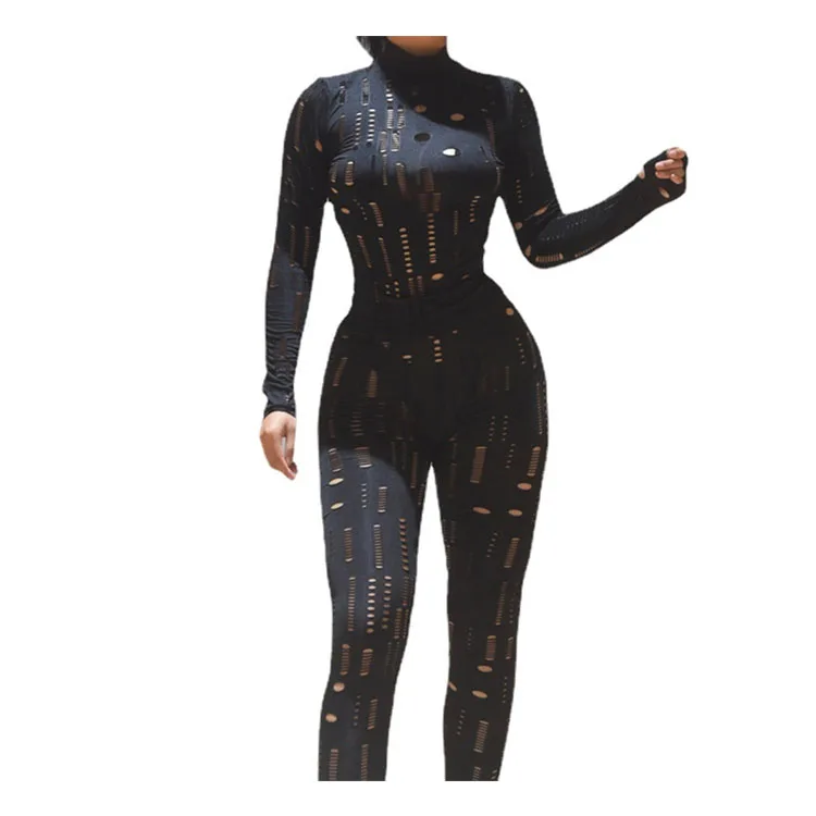 

D11810 Fall fashion 2021 new women sexy clothing high waist tight trousers casual sports with hollow holes two piece set women