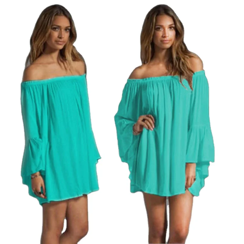 

Clothing wholesale custom spring and summer fashion one shoulder loose lotus leaf sleeve chiffon dress plus size women's clothin