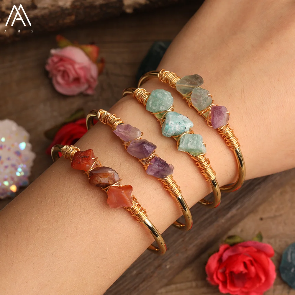 

Raw Crystals Healing Cuff Bracelets Women Jewelry, Open Bangle, Chip Beads, Natural Stone, Top Gifts, As picture