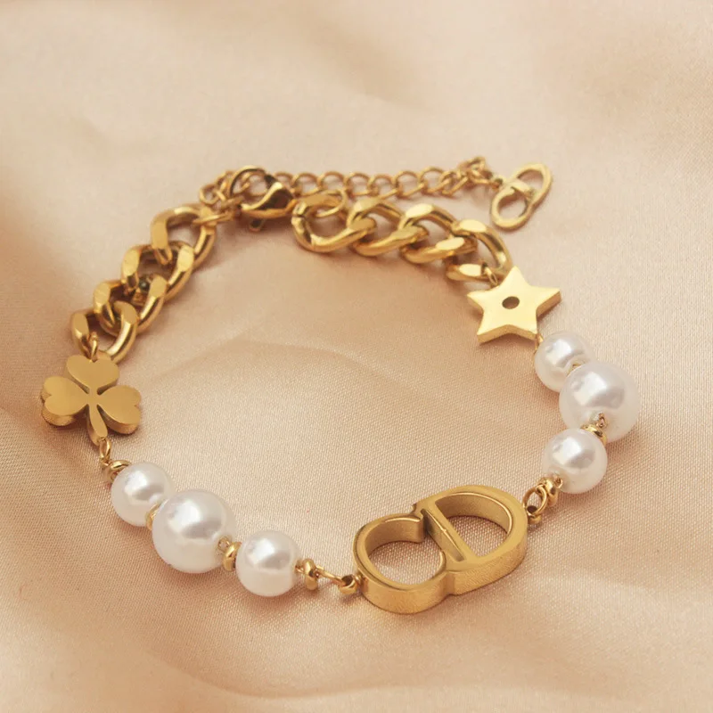 

Fashion Luxury Branded Designer Inspired Bracelet Letter CD Star Pearl Stainless Steel Bracelet for Women jewelry Accessories