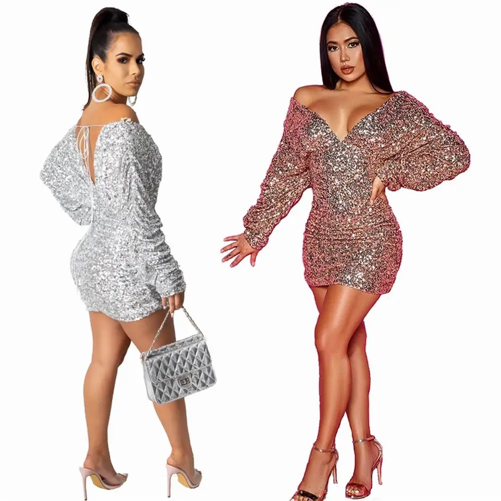 

2021 Hot Sale Sexy Deep V Neck Long Sleeve Sequined Party Club Dresses Women