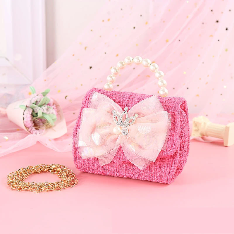 

Children's crown colorful bow boutique fashion trend hand-held pearl crossbody bag little girl purses kids bags girls handbag
