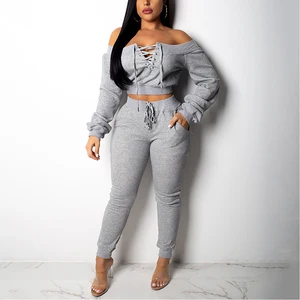 Hot Design Off Shoulder Hollow Crop Top High Waist Leggings Custom Workout Jumpsuit Two Piece Women Clothing 2