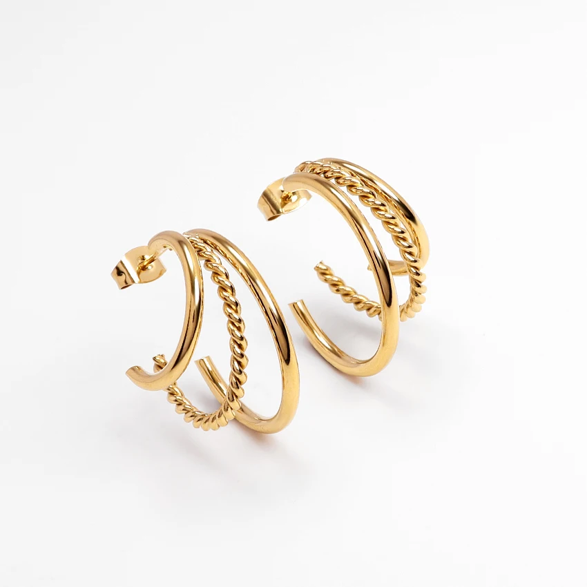 

Vintage Multi-layer C-Shape Earrings Jewelry Stainless Steel 18K Gold Plated Hypoallergenic Twisted Triple Layer Hoop Earrings