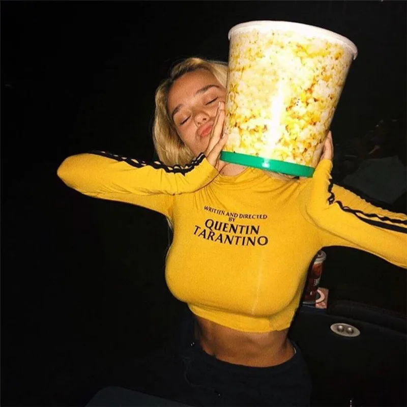 

2021 Fashion Quentin Tarantino Sexy Crop Tops Women Side Stripe Long Sleeve Turtleneck Cotton Knitted Short tshirt Lady, Yellow