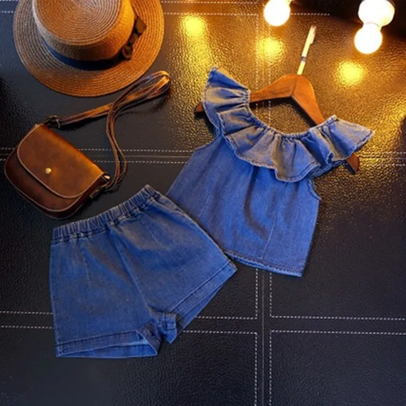 

Baby Girl Clothes Set Cotton Infant Toddler Girls Jean Shirt Offshoulder+Denim Shorts 2PCS Summer Clothing sets Outfit 1-7Y