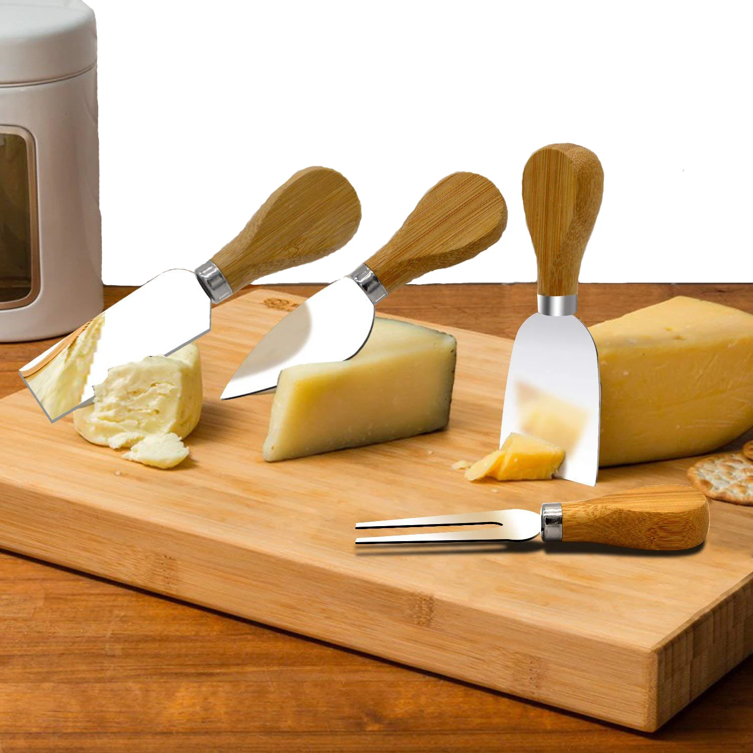 Gift Box 4 Pieces Set Cheese Tool Wooden Handle Stainless Steel Cheese ...