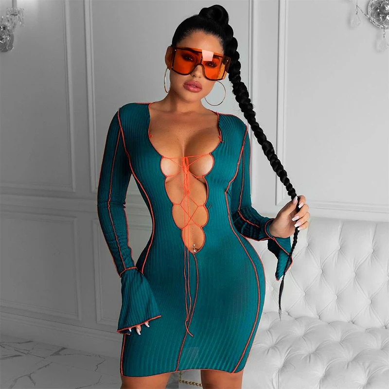 

2021 New Arrivals Flared Sleeves Deep-V Bandage Pleated Bodycon Low-cut Vest Hot Night Club Wear Party Dress