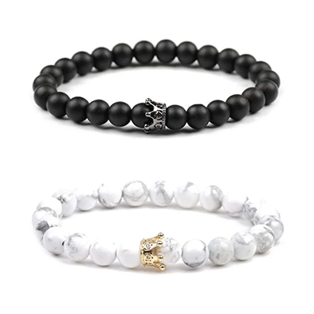 

Fashion Black Beaded Couple Relationship Strong Elastic Crown Shape Bracelet for Men, Black color