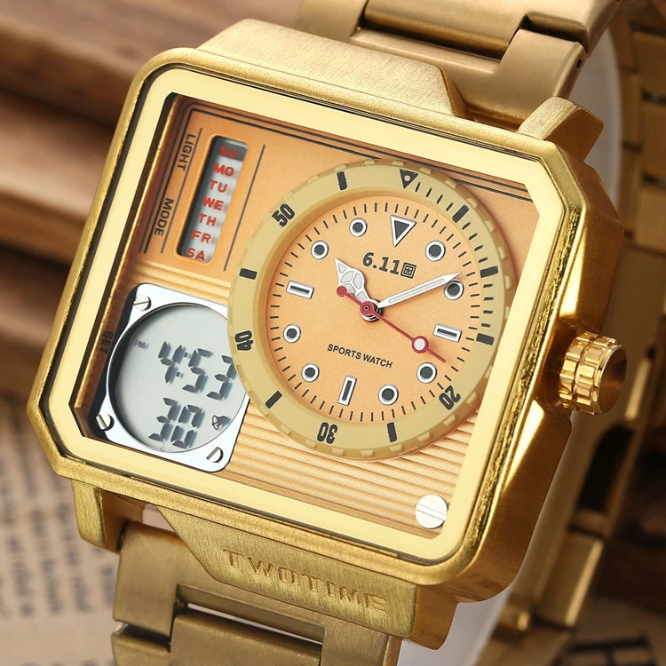 

6.11 8171 top brands watches for men large face double display luminous alarm design water proof stainless steel watches men