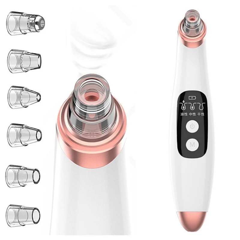 

6 in 1 Facial pore deep cleaning comedone blackhead strips suction instrument electric machine blackhead remover vacuum, White+pink