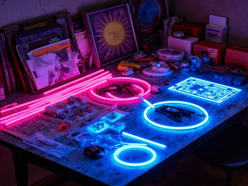 DIY neon light materials laid out on workbench