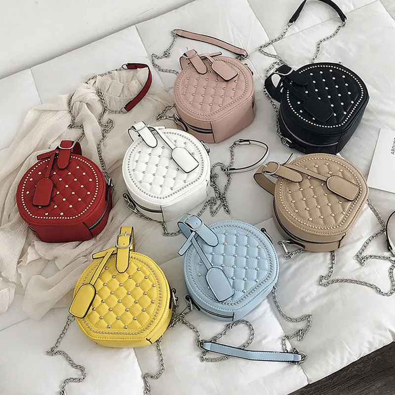 

2020 Luxury lozenge round shoulder bag women rivet leather crossbody korean sling bags for women, 7 colors