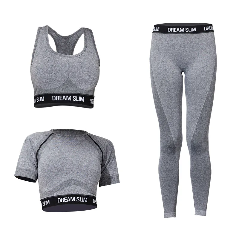 

Custom Bra Short-sleeved Pants Three-piece Slim Workout Yoga Set In Stock, Gray/black/blue