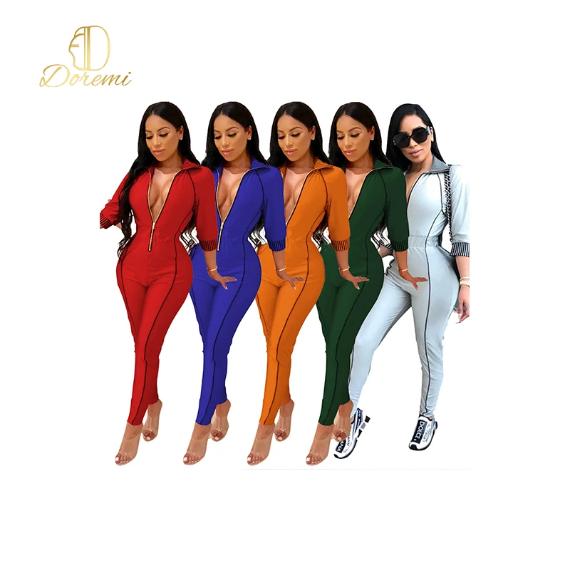 

2020 Popular Zipper V-Neck High Breast Figure Half Sleeve Trousers Body Shaping Casual Jumpsuit Sportswear