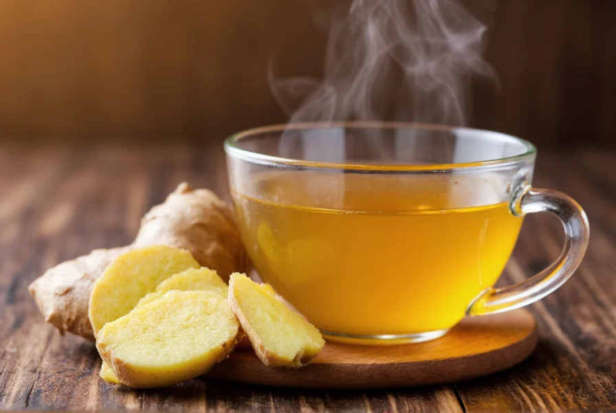 Fresh ginger root sliced with steam rising from a teacup showing natural anti-inflammatory properties