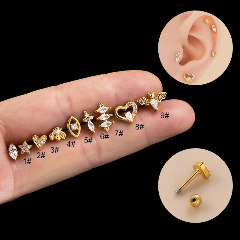 

20g waterproof 100% surgical steel earring gold plated heart eye bee animal shape cartilage earring helix piercing jewelry