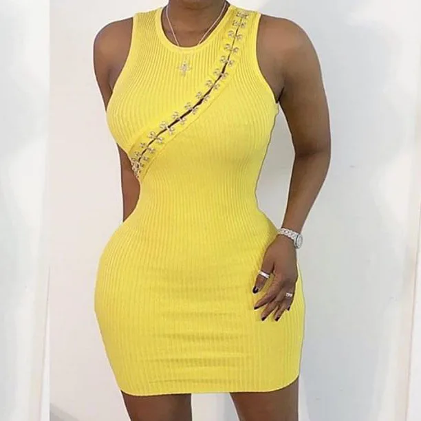 

2020 Summer Yellow Women Solid Splice Sexy Bodycon Mini Casual Dress