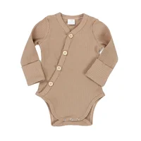 

Baby clothes spring fall solid brown wood button mitten cuff long sleeves knit cotton ribbed baby onesie kimino romper