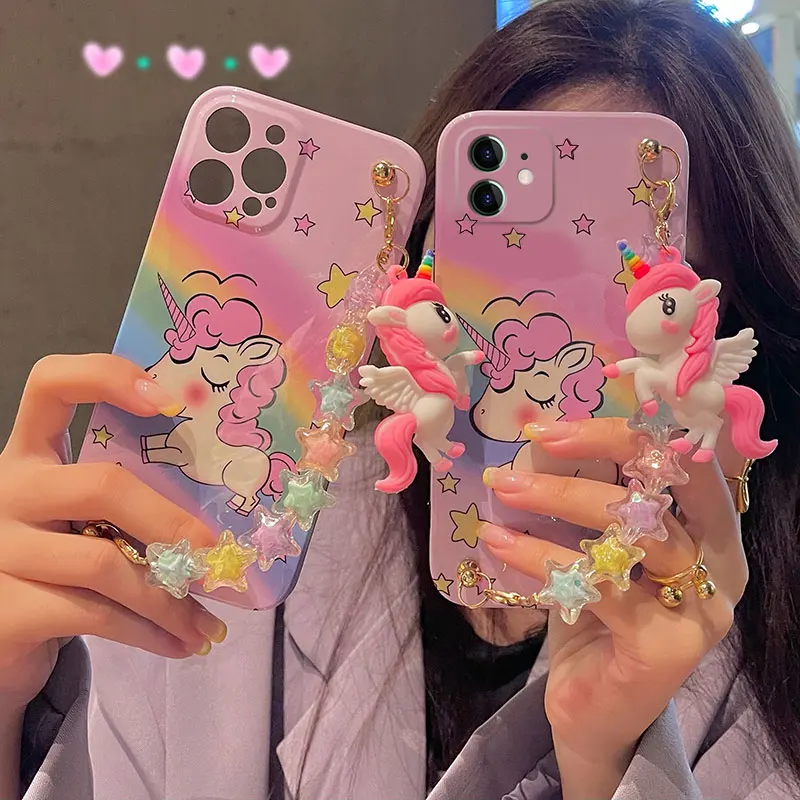 

Luxury 3D Cute Cartoon Unicorn Horse Phone Case For Iphone 12 11 Pro max XR XS 7 8 Keychain with wristband Soft Silicone Cover