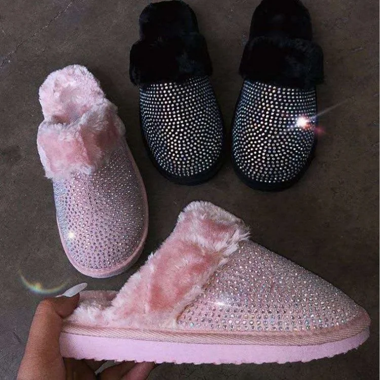 

New Arrival winter warm furry house slippers with plus size and rhinestone women fur slippers, As picture or customized make