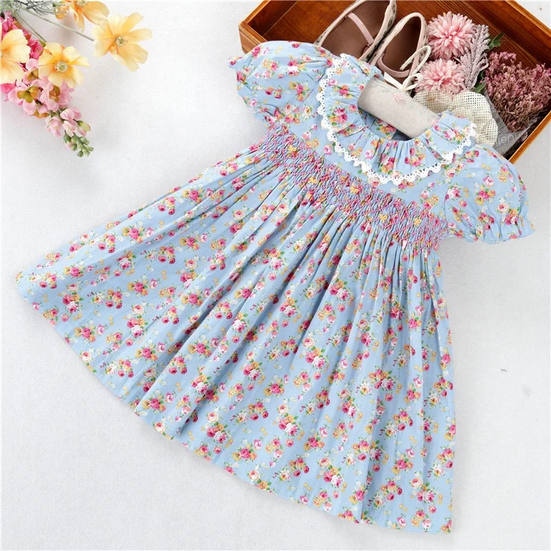 

C5237 summer smocked flower little baby girls dresses smocked dress floral wholesale kids clothing children outfit