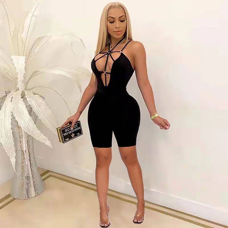 

Chic Lace-Up Solid Colour Summer Tight Romper For Ladies Open Back Romper 2021 New Arrivals Apparel -CY, White,black,blue,pink