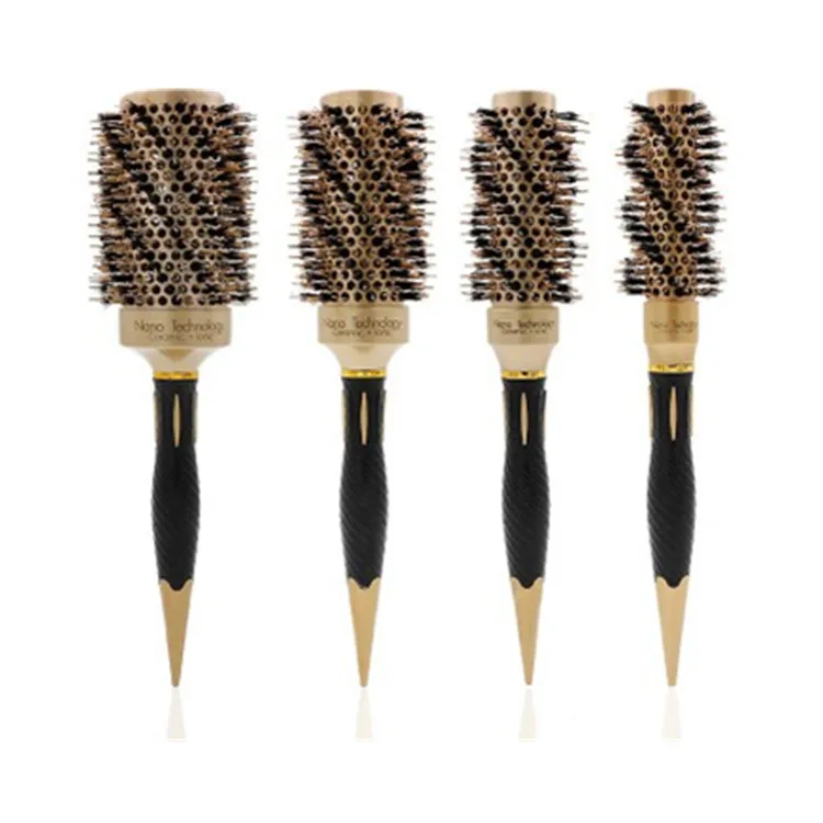 

Professional Luxury Gold Ceramic Boar Bristle Hairdressing Tool Round Styling Hair Roller Brush