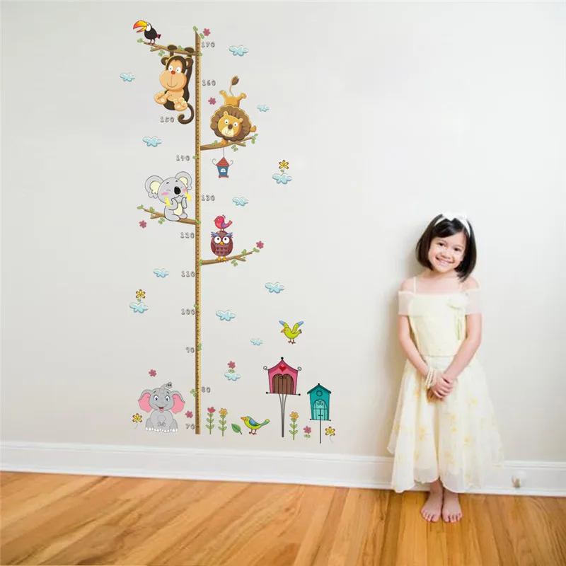 

Lion Monkey Owl Elephant Height Measure Wallpaper Cartoon Animals Wall Sticker For Kids Rooms Growth Room Decor Wall Art