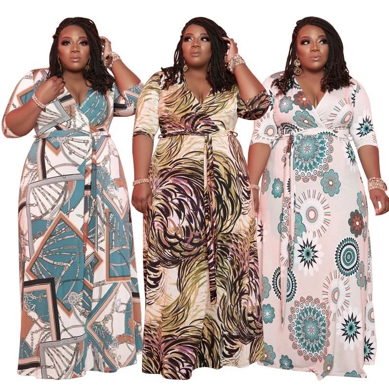 

OU1073 Dropshipping Summer Printed Loose Long Long Plus Size Womens Dress, Accept customization