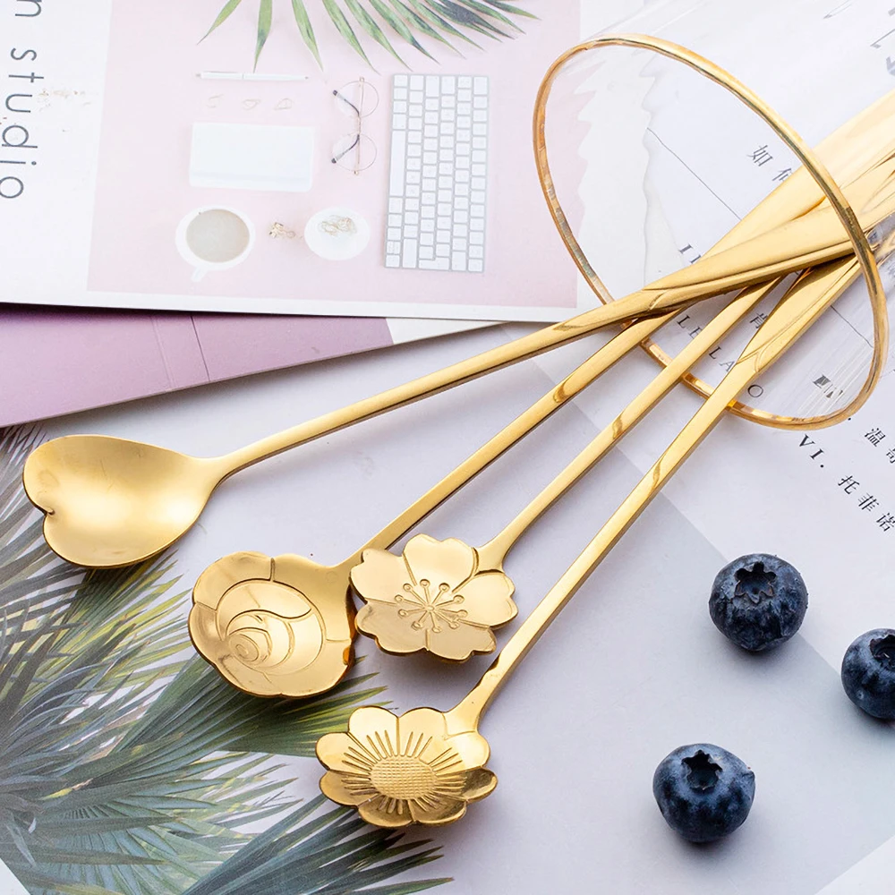 

Tea Coffee Mixing Spoon Gold Spoon Long Handle Dessert Stainless Steel Vintage Teaspoons Drink Tableware Flowers Design 1PCS, Colorful