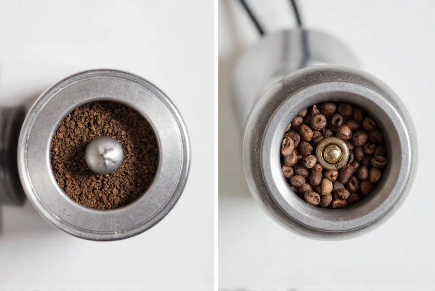 Close-up comparison of manual and electric pepper mills showing grinding mechanisms