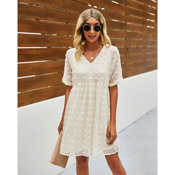 

PEARL Robe Femme Solid Color V Neck Short Sleeve Women Casual Dress Women's Summer Dresses 2021
