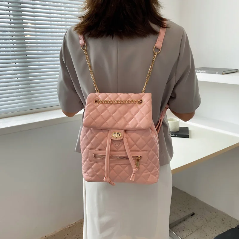 

2022 Trendy Spring New Fashion Rhombus Thread Small Backpack Simple Leather Backpack Purse For Women Bag, Customized color