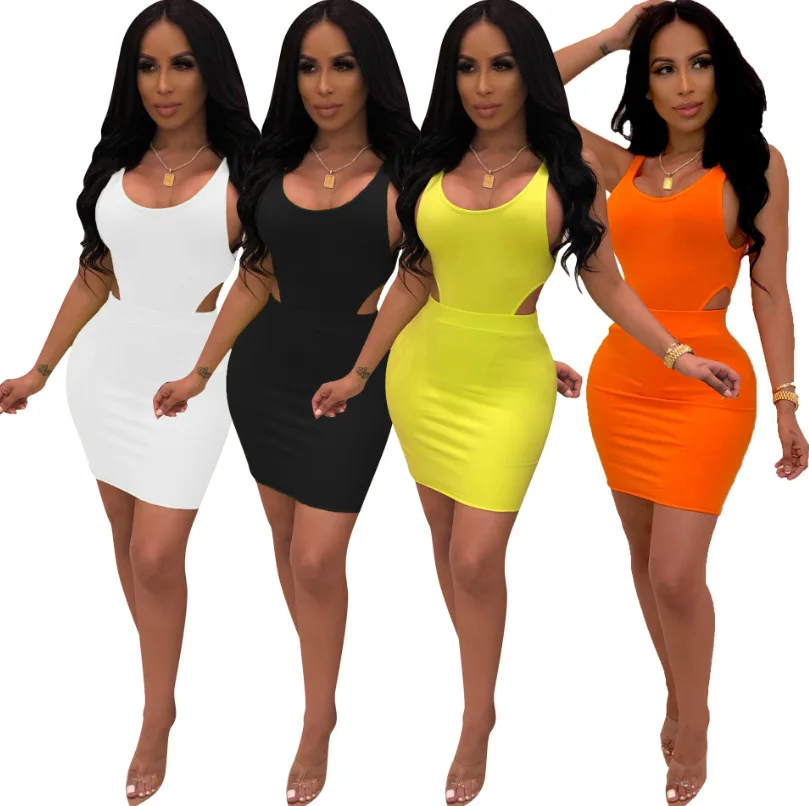 

Solid Color Sleeveless Cut Out Summer Dresses Women Clothing Two Piece Set, Orange white black yellow