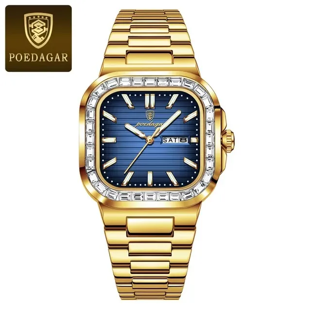 POEDAGAR New Luxury Gold Blue Quartz Watch for Men Stainless Steel Waterproof Luminous Date Week Fashion Square Men's Watches