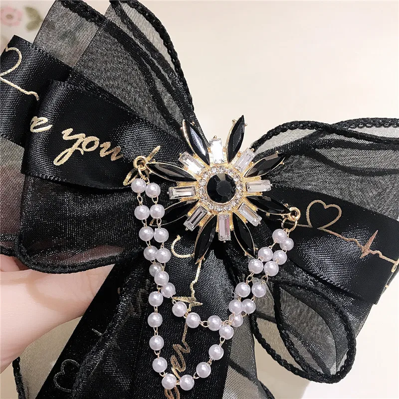 

exaggerated cz layered pearl tassel mesh lace ribbon bowknot brooch necktie fairy girls brooch with safe pin hair bow brooch, Picture