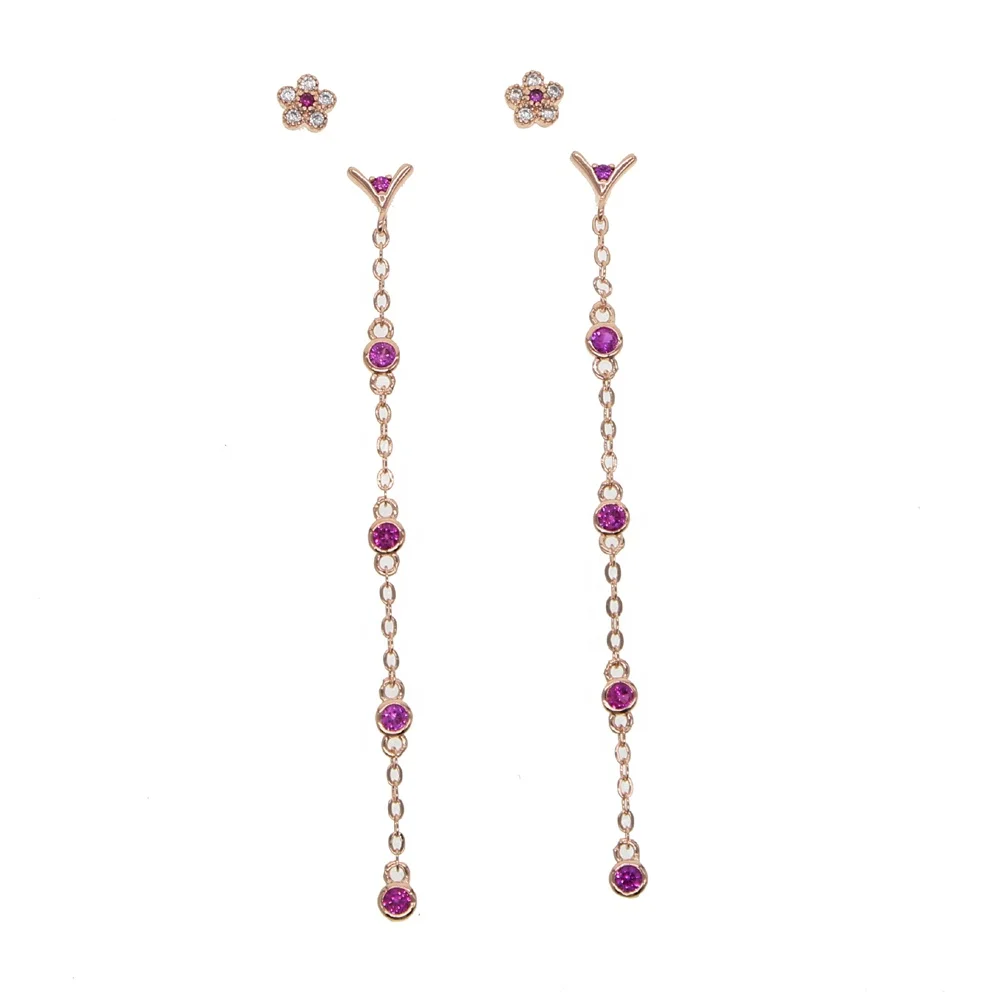 

fashion delicate rose gold flower earring with red cz paved chain earrings set for sexy lady jewelry e368