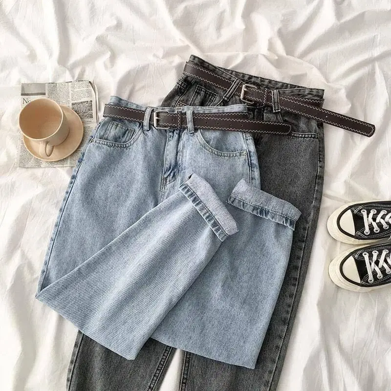 

Vintage Straight High Waist Jeans Women Boyfriend Mom Streetwear Denim Jeans With Belt 2021 Casul Loose Plus Size Denim Trousers, Customized colors