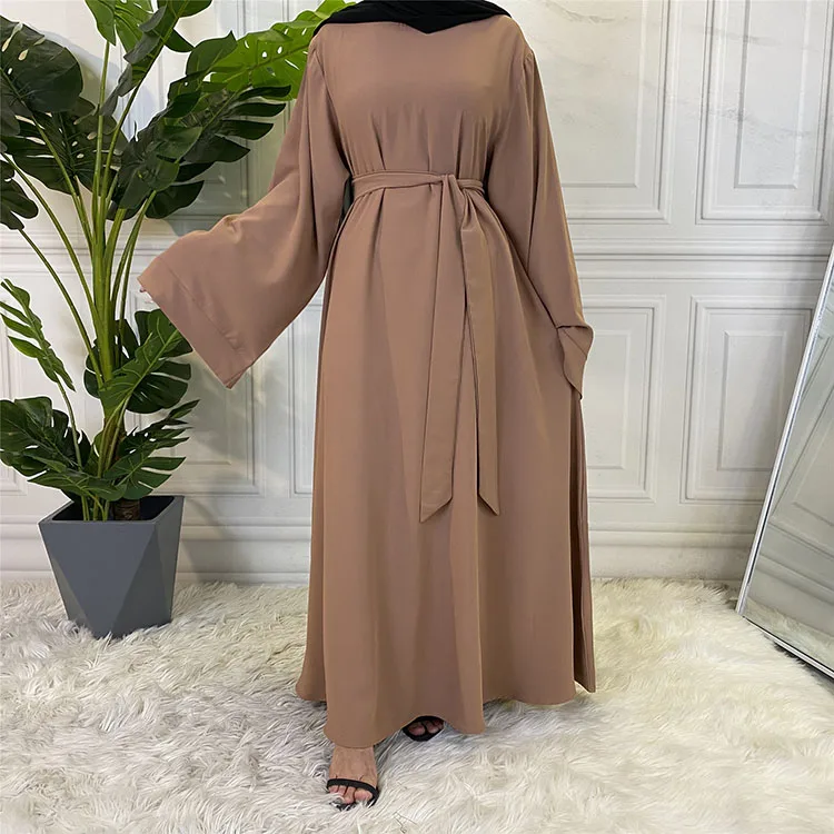 

2021 Wholesale Muslim Clothing Turkey Solid Islamic Long Wearing Belt Nida Dress Women Dubai Abaya, 10 colors in stock& customers' requirements